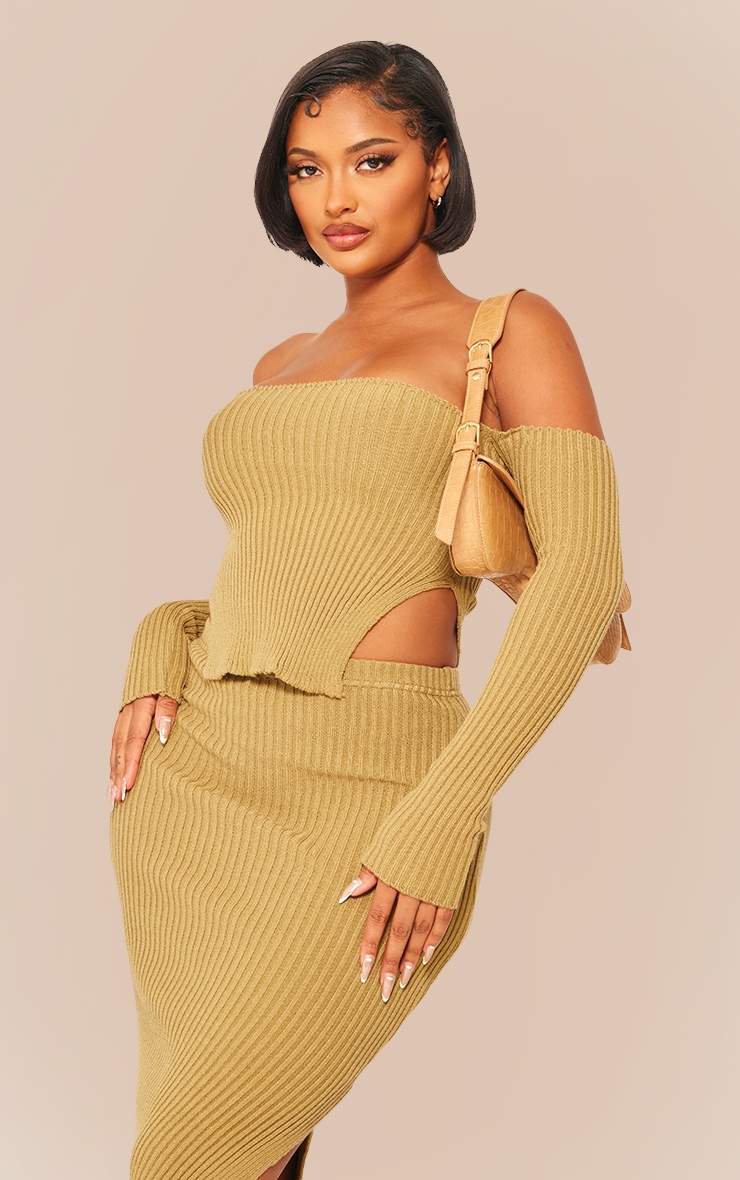 Shape Khaki Knit Bardot Split Side Detail Top image 1