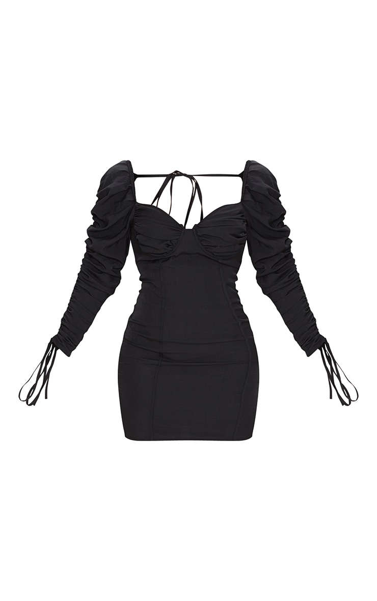 Black Woven Long Sleeve Ruched Cup Detail Bodycon Dress image 6