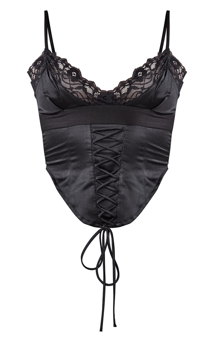 Black Satin Lace Insert Tie Corset Tops PrettyLittleThing