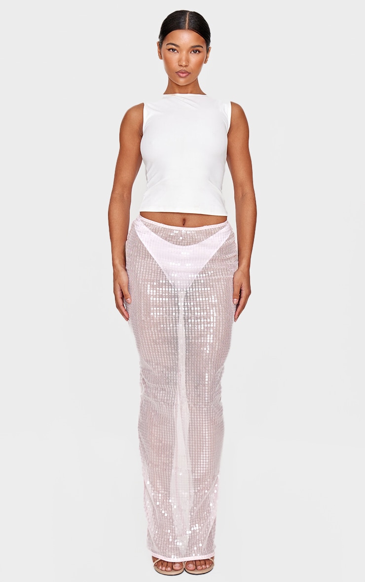 Pink Sheer Sequin Split Back Maxi Skirt