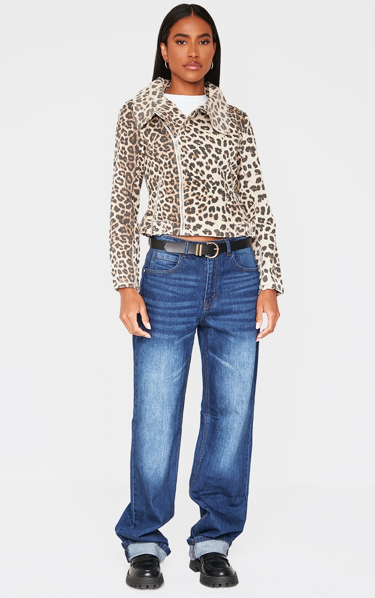 Light Brown Leopard Print Biker Style Denim Jacket image 3