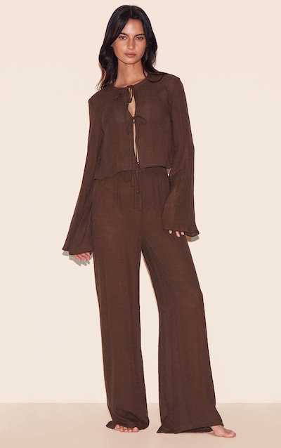 Pantalon de plage large en effet lin marron