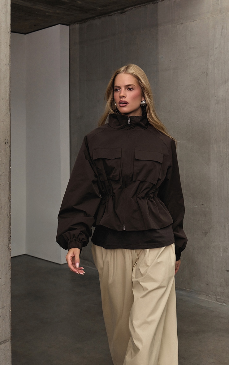 Chocolate Funnel Neck Cinched Utility Windbreaker image 1