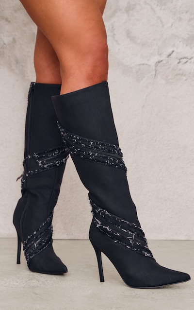 Bottes hautes pointues en jean noir à strass
