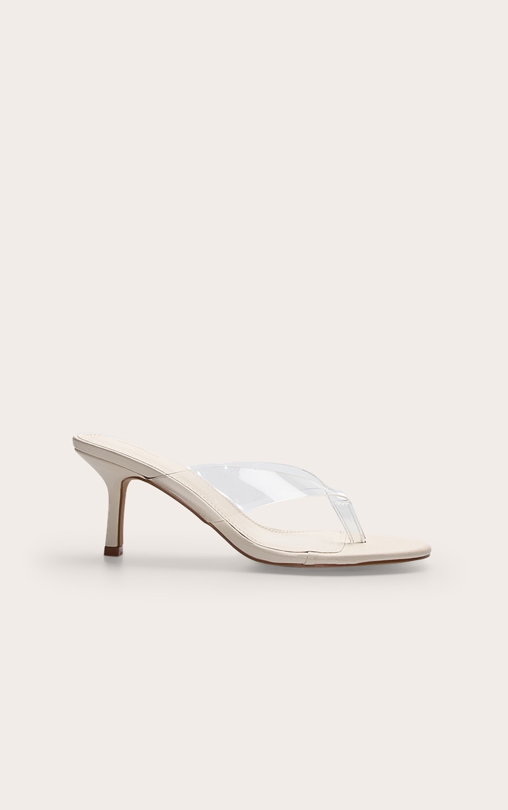 Ecru Pu Round Toe Thong Perspex Straps Mid Heeled Mules image 2