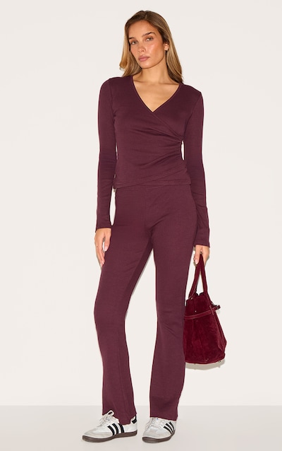 Plum Ribbed Elasticated Skinny Flare Pants