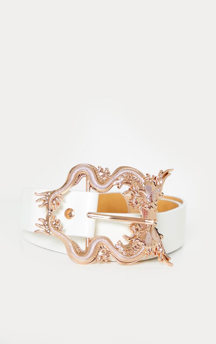White PU Rose Gold Dragon Buckle Belt