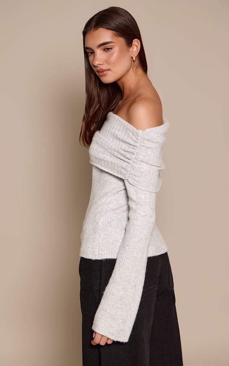Light Grey Foldover Bardot Knitted Sweater  image 2