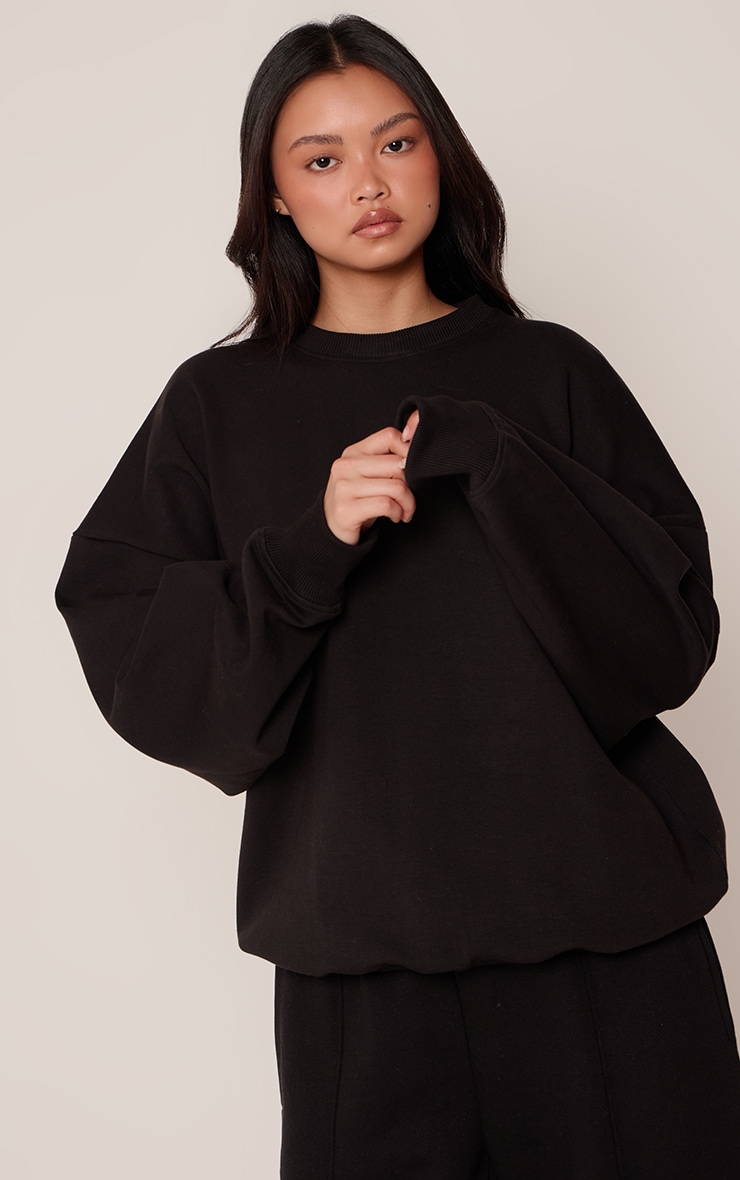 Black Interlock Balloon Sleeve Oversized Sweatshirt