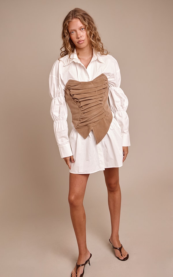 Tan Faux Suede Asymmetric Pointed Hem Corset