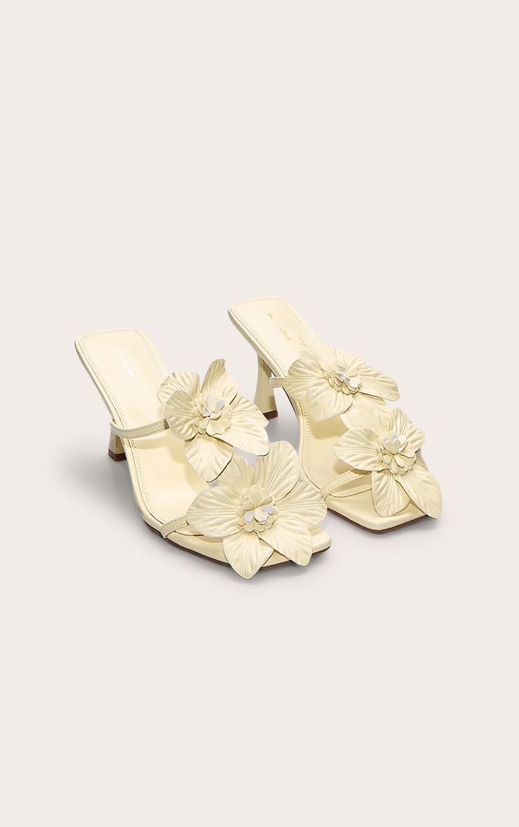 Butter Yellow Pu Square Toe Multi Flower Detail Mid Stiletto Heeled Mules image 3
