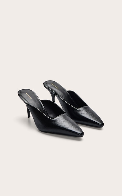 Mules noires en PU à bout carré ciselé