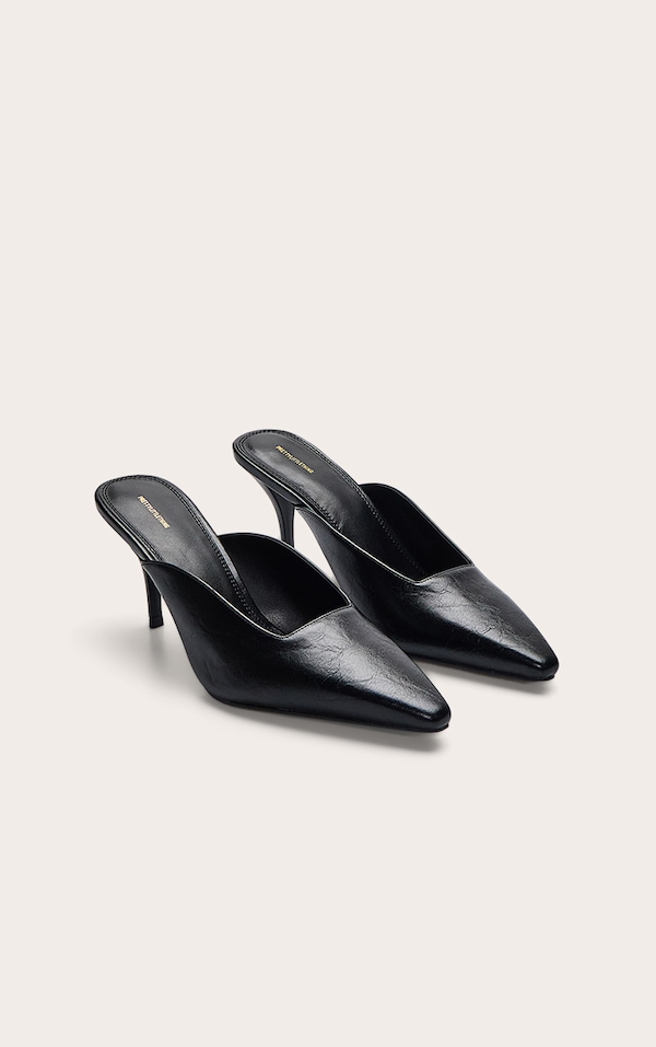 Black PU Squared Chiseled Toe Court Mules