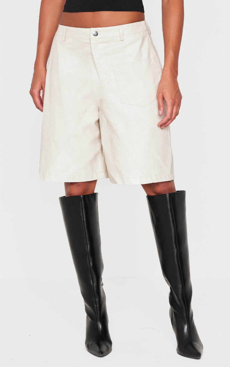 Premium Cream Washed Faux Leather Oversized Long Shorts image 2