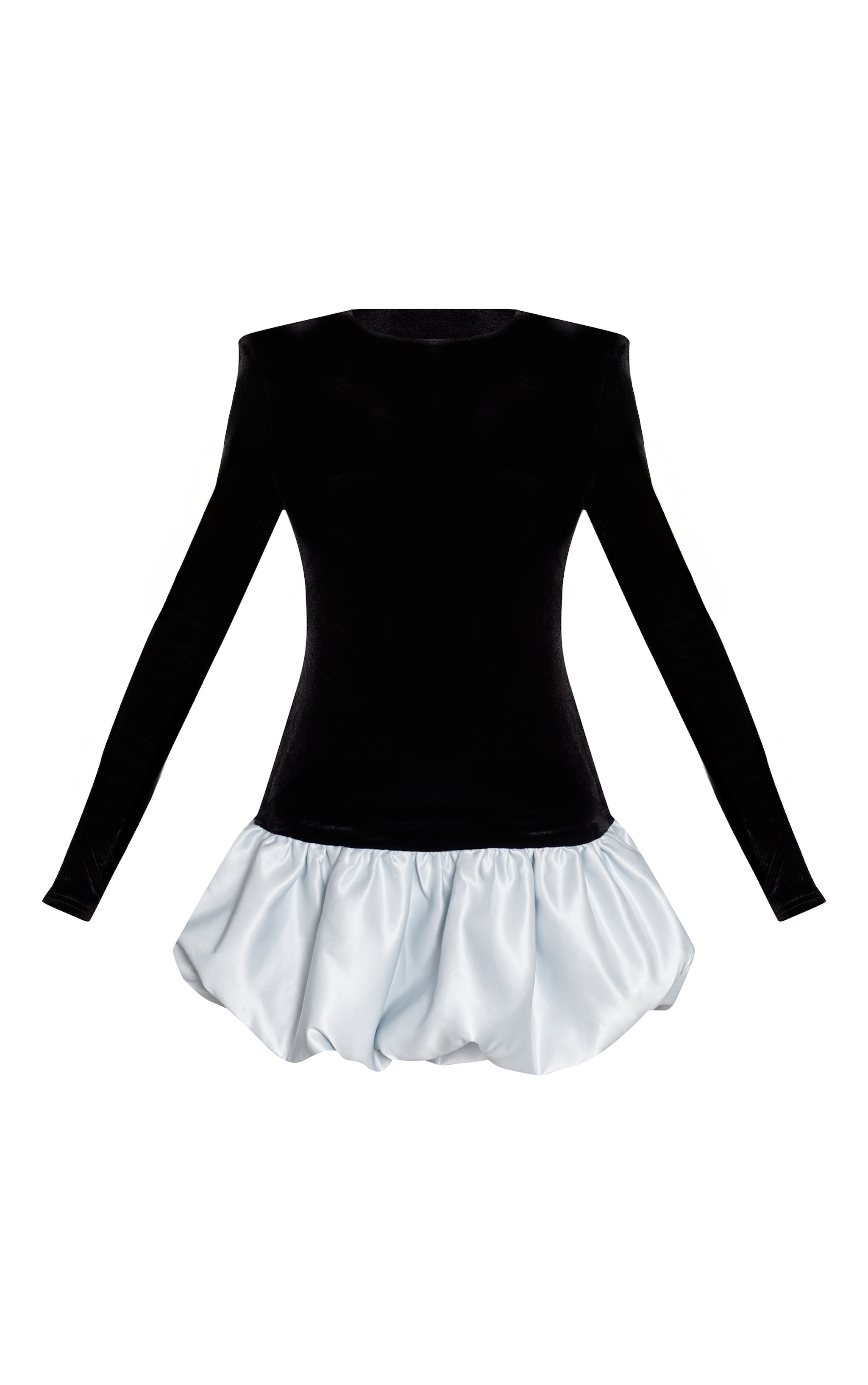 Black Velvet Long Sleeve Drop Hem Satin Puffball Mini Dress image 5