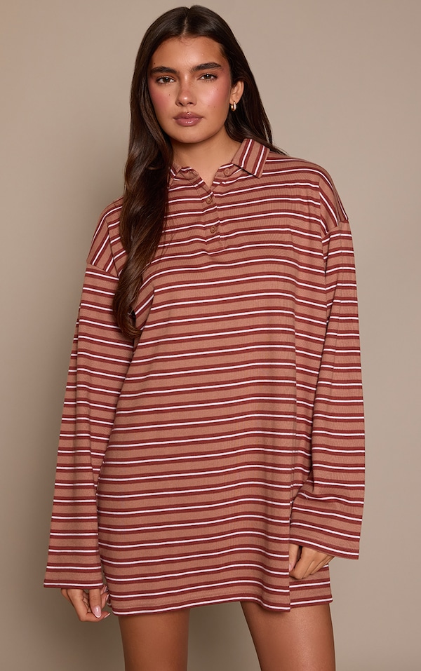 Neutral Stripe Collar Long Sleeve Shift Dress