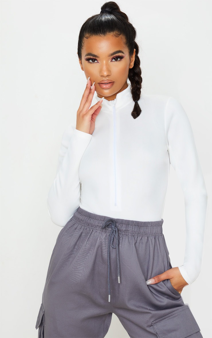 White Bonded Scuba High Neck Zip Bodysuit