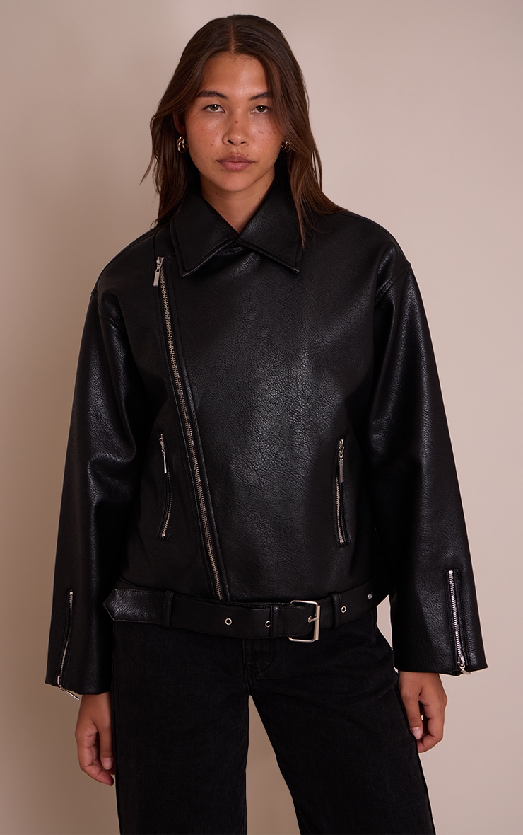 Black Faux Leather Oversized Biker Style Jacket
