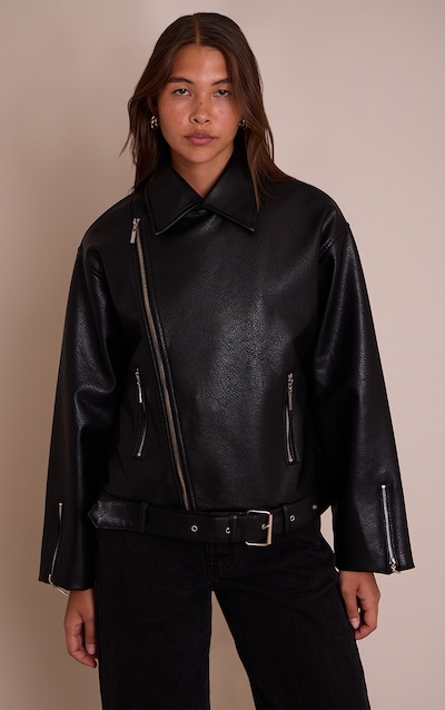 Black Faux Leather Oversized Biker Style Jacket