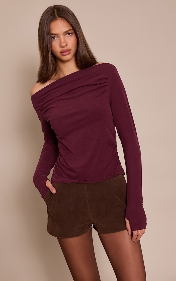 Wine Soft Cotton Ruched Asymmetric Long Sleeve Top