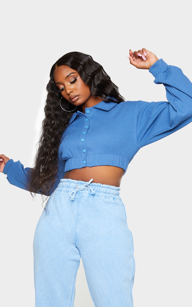 Steel Blue Rib New Season Elasticated Waist Button Up Crop Polo Shirt