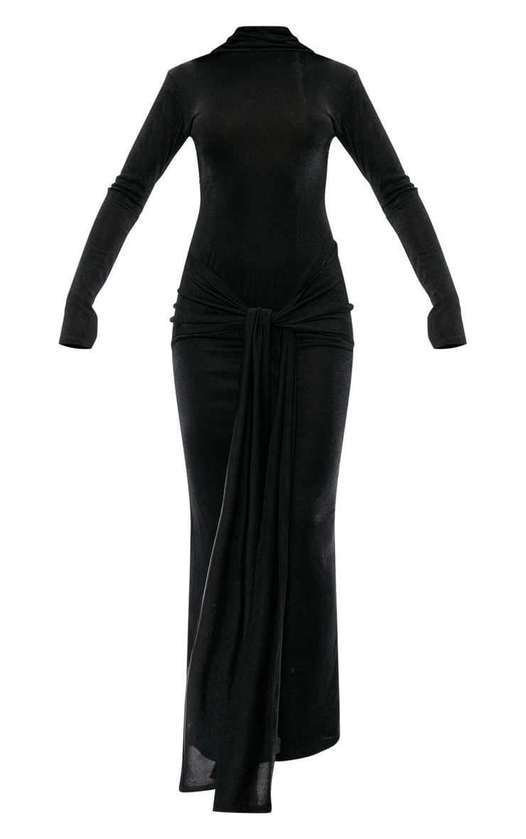 Black Slinky Acetate High Neck Tie Front Long Sleeve Maxi Dress image 5