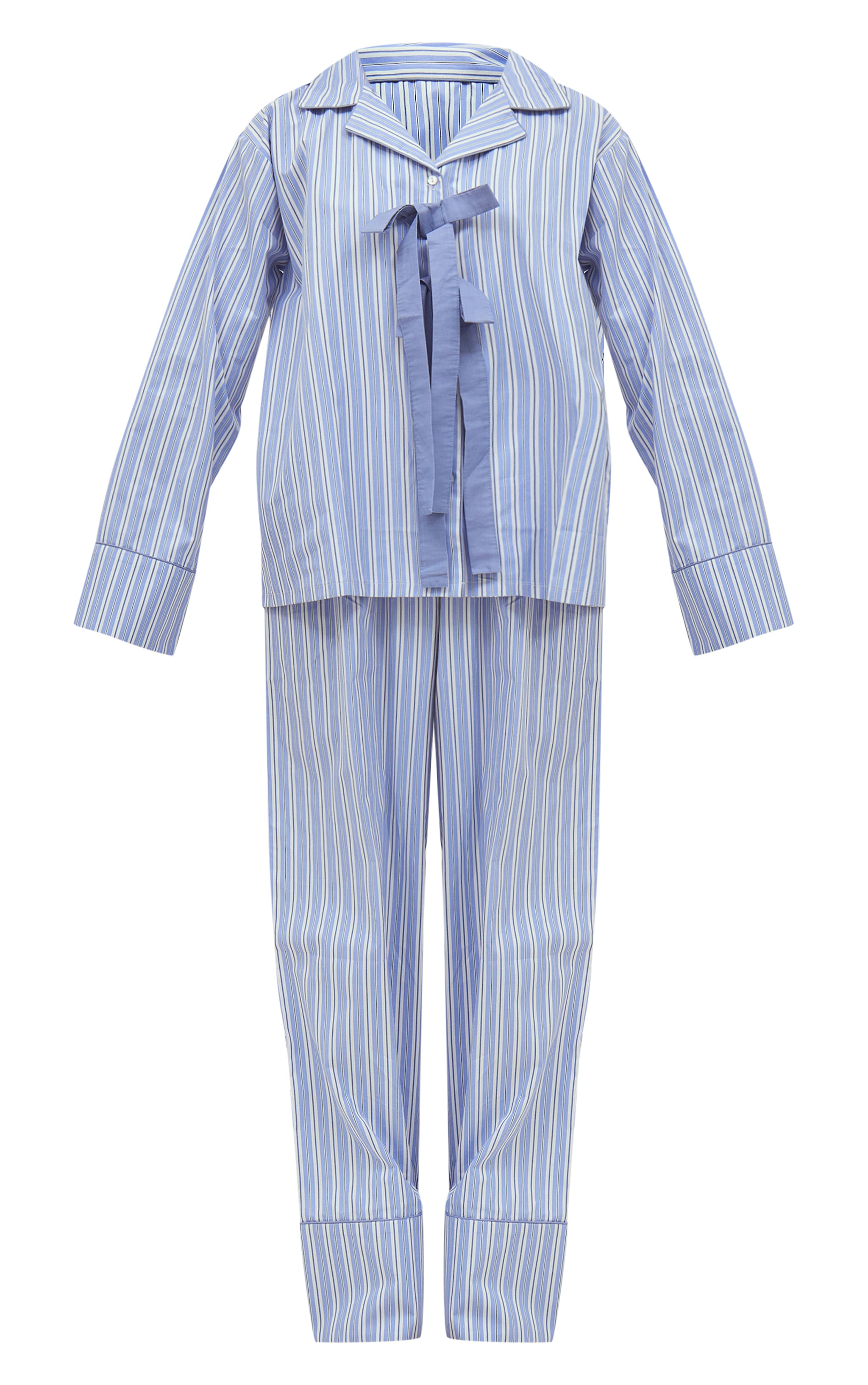 Blue Striped Bow Detail Long Pajama Set image 5