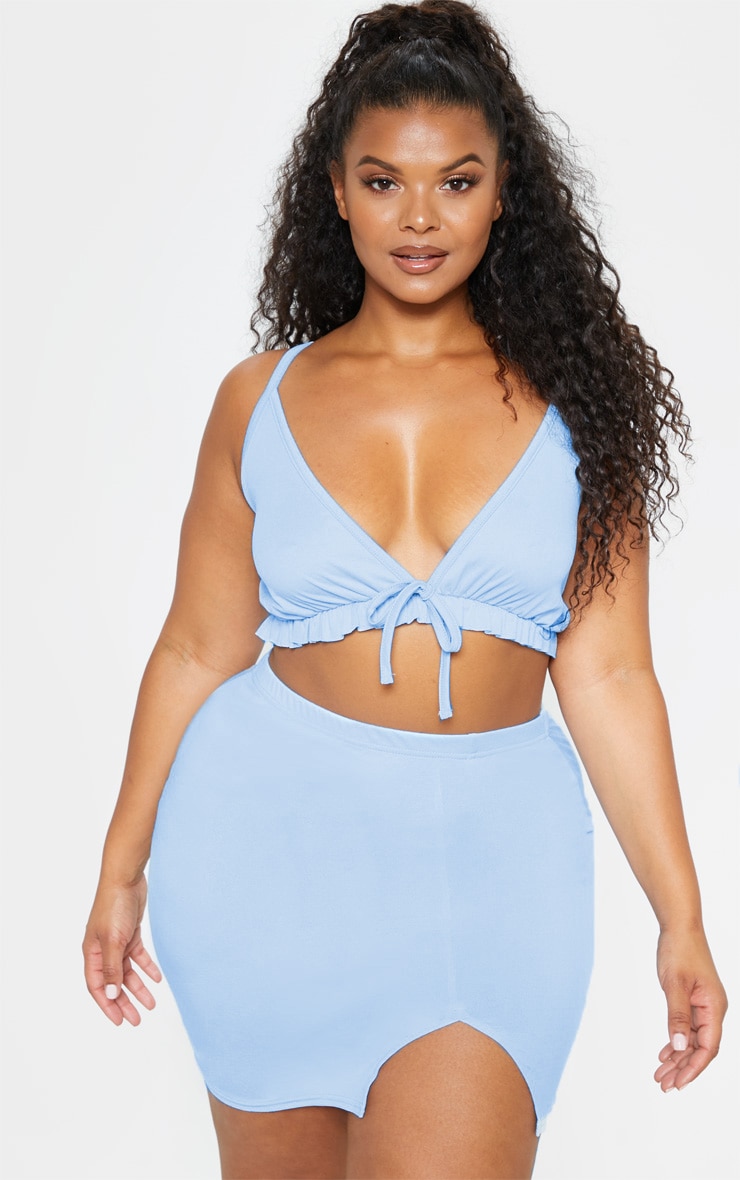 Plus Dusty Blue Split Detail Mini Skirt