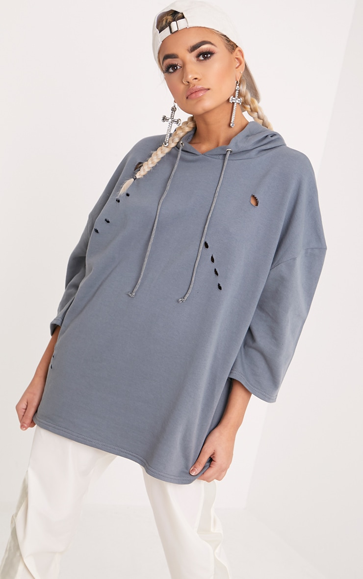 Lotty Blue Distressed Short Sleeve Hoodie Tops PrettyLittleThing