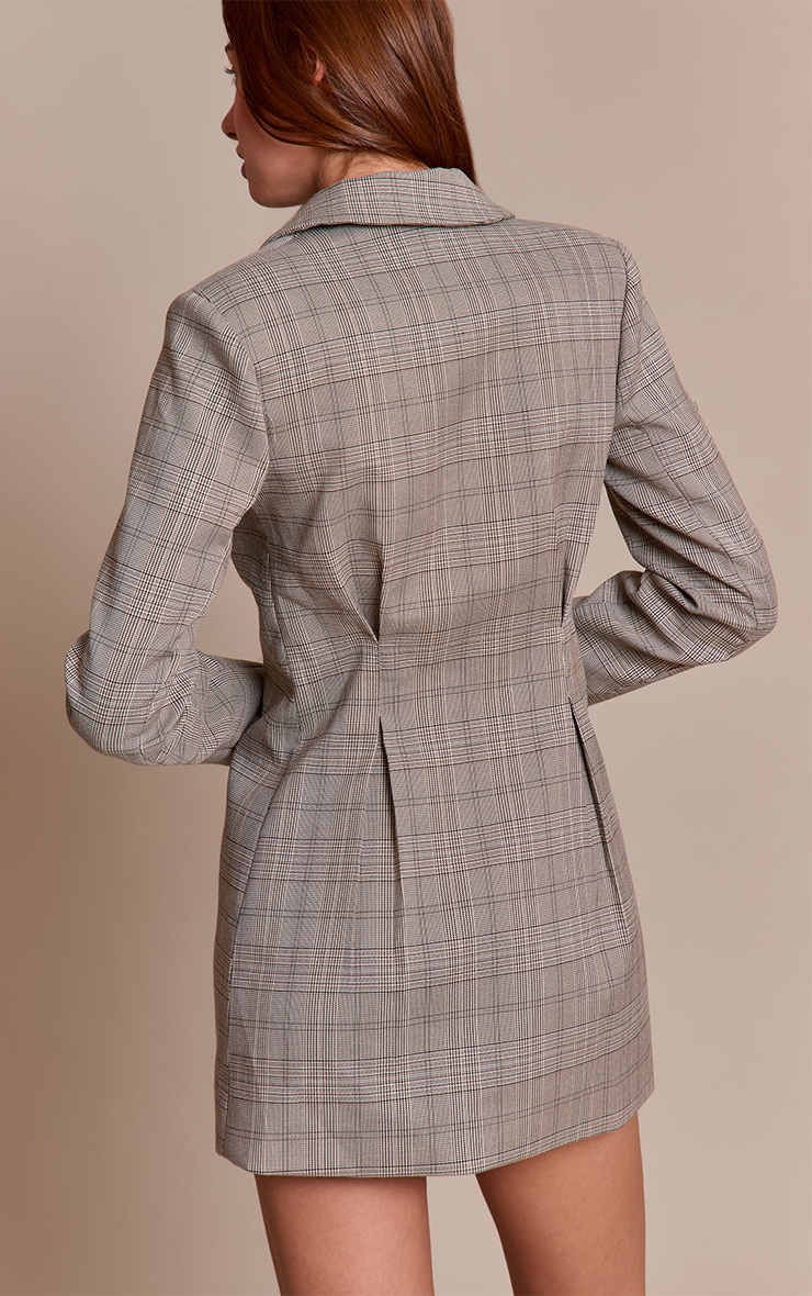 Grey Woven Check Cinched Waist Long Sleeve Blazer Dress image 2