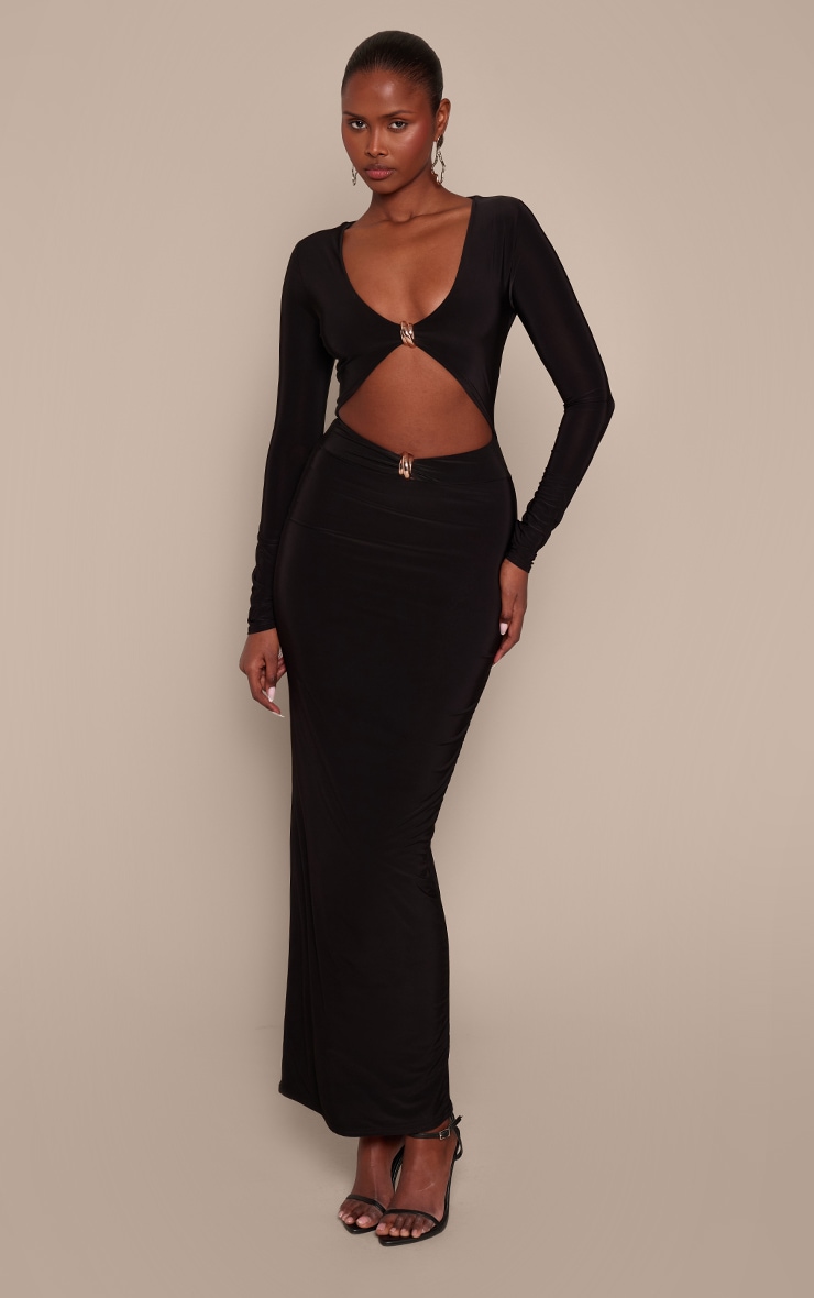 Black Double Layer Slinky Long Sleeve Trim Detail Cut Out Maxi Dress image 1