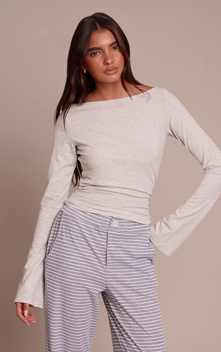Grey Marl Soft Cotton Boat Neck Flared Long Sleeve Top image 1