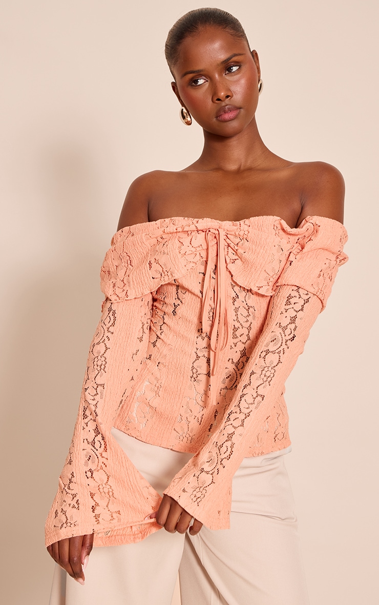 Peach Fitted Lace Flared Sleeve Bardot Top image 1