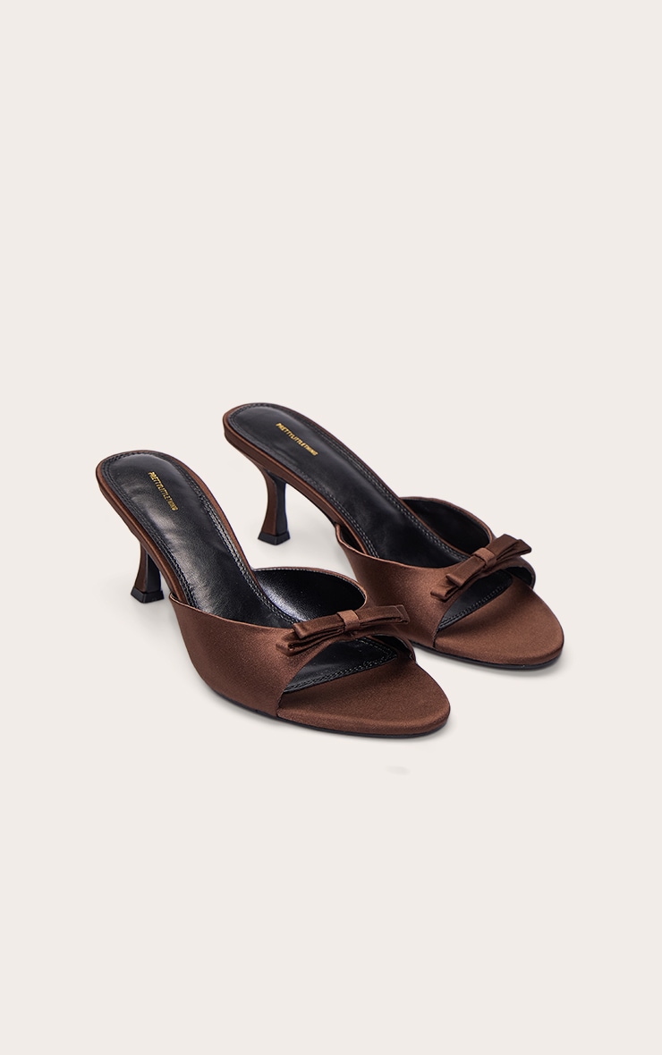 Chocolate Satin Round Toe Bow Strap Low Heel Open Toe Mules image 3