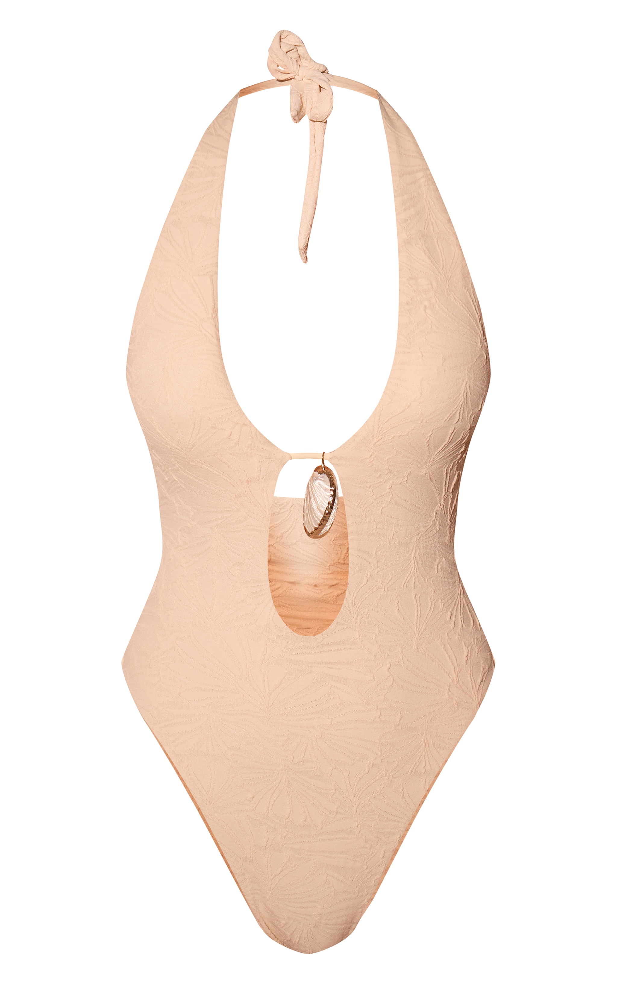 Cream Textured Shell Trim Plunge Swimsuit image 5