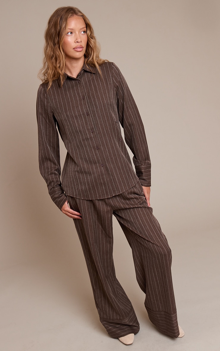 Brown Pinstripe Woven Drawstring Pants image 1