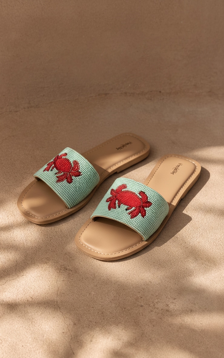 Aqua Crab Embellished Mule Flat Sandals