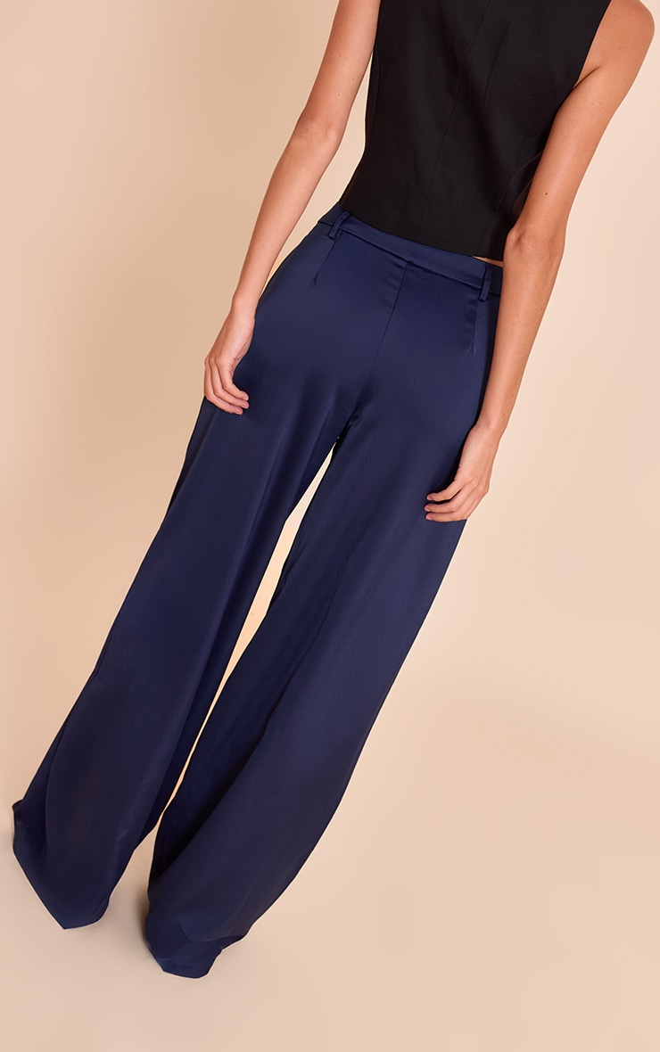 Navy Satin Tailored Detail Wide Leg Pants image 3