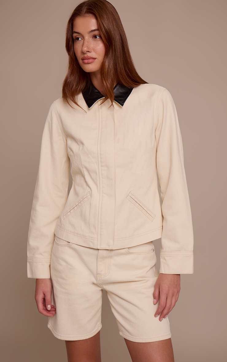 Ecru Contrast Collar Cinched Denim Jacket image 1