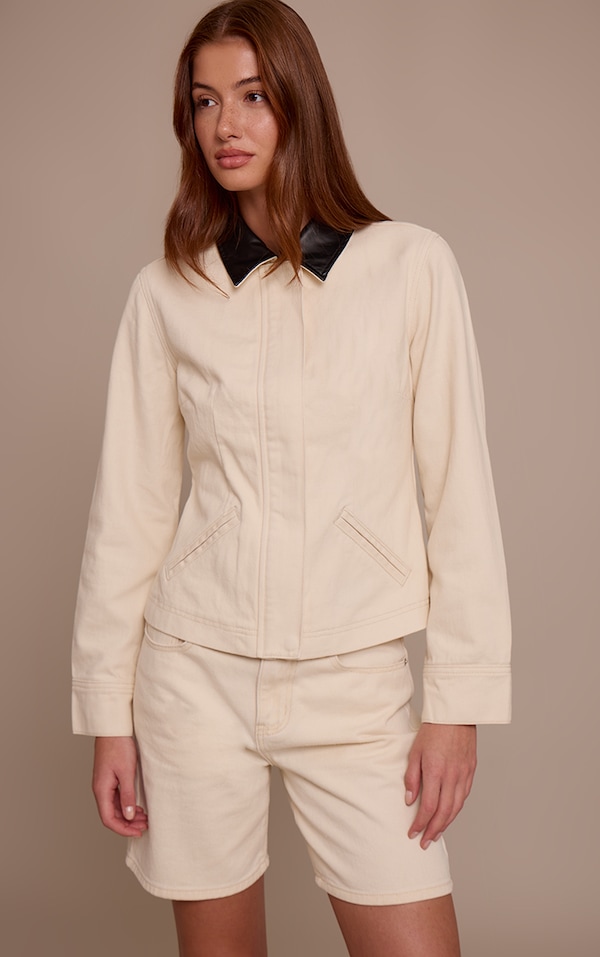 Ecru Contrast Collar Cinched Denim Jacket