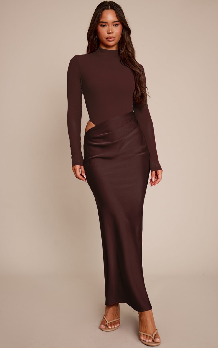 Chocolate Mesh Long Sleeve Draped Maxi Dress image 1
