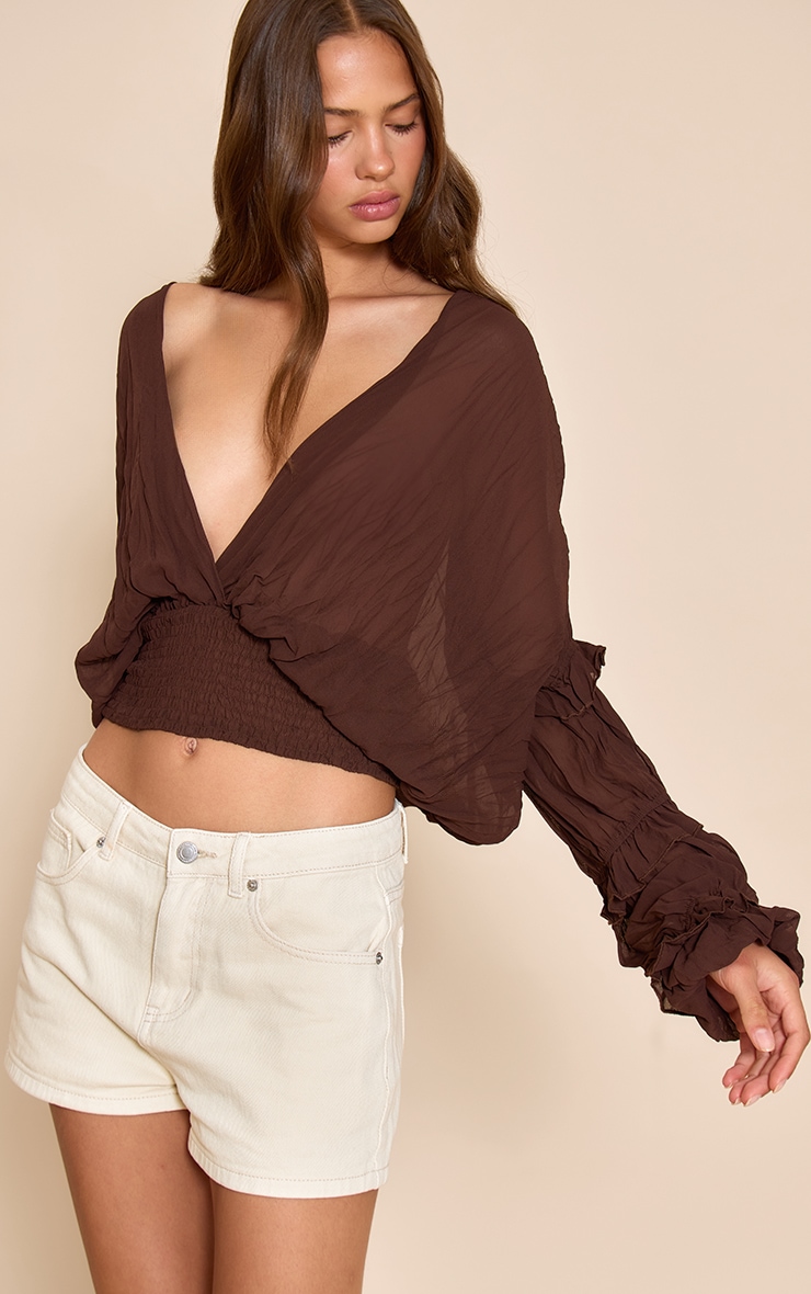 Chocolate Chiffon Ruffle Detail Plunge Blouse image 1