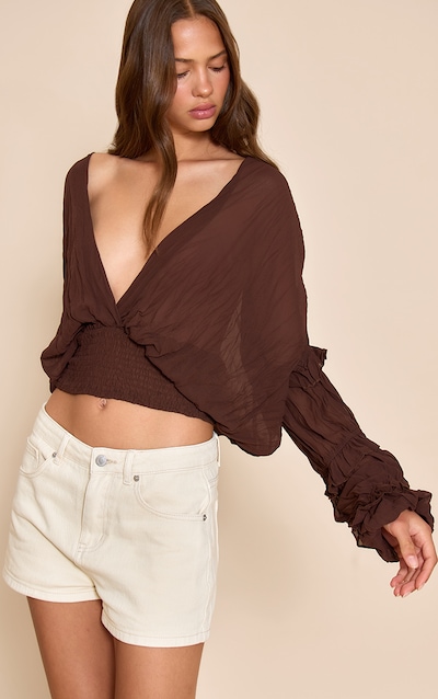 Chocolate Chiffon Ruffle Detail Plunge Blouse