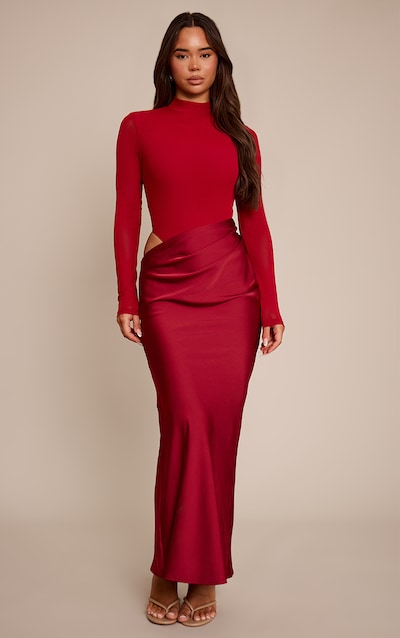 Wine Mesh Long Sleeve Draped Maxi Dress