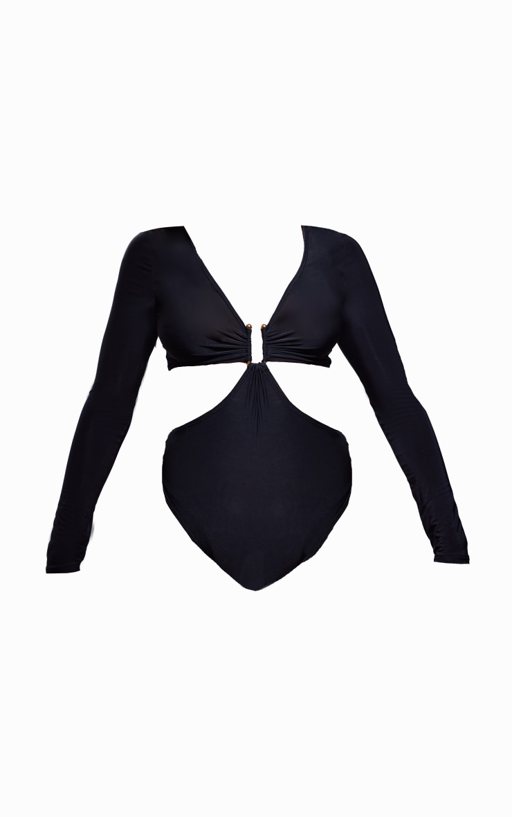 Black Hardware Detail Long Sleeve Slinky Cut Out Bodysuit image 5