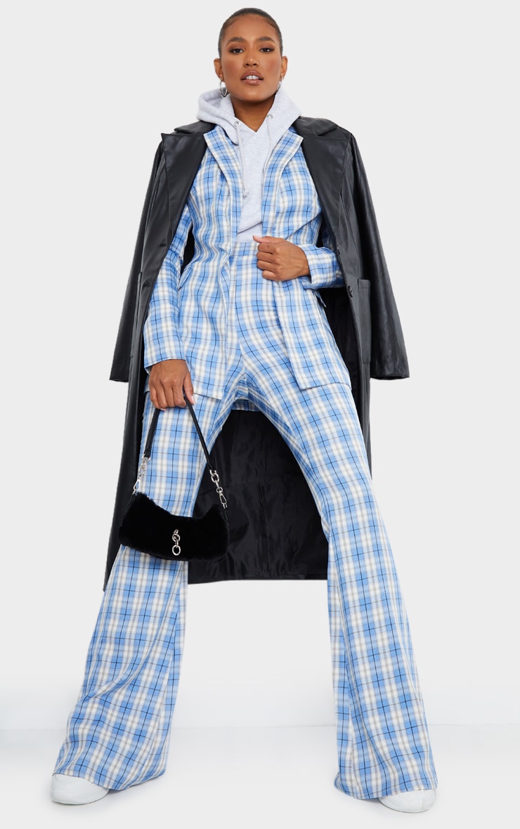 Light Blue Check Print Extreme Flare Trousers