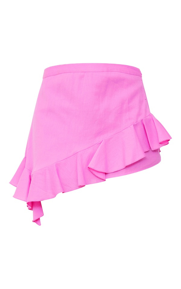 Candy Pink Linen Look Asymmetric Ruffle Mini Skirt