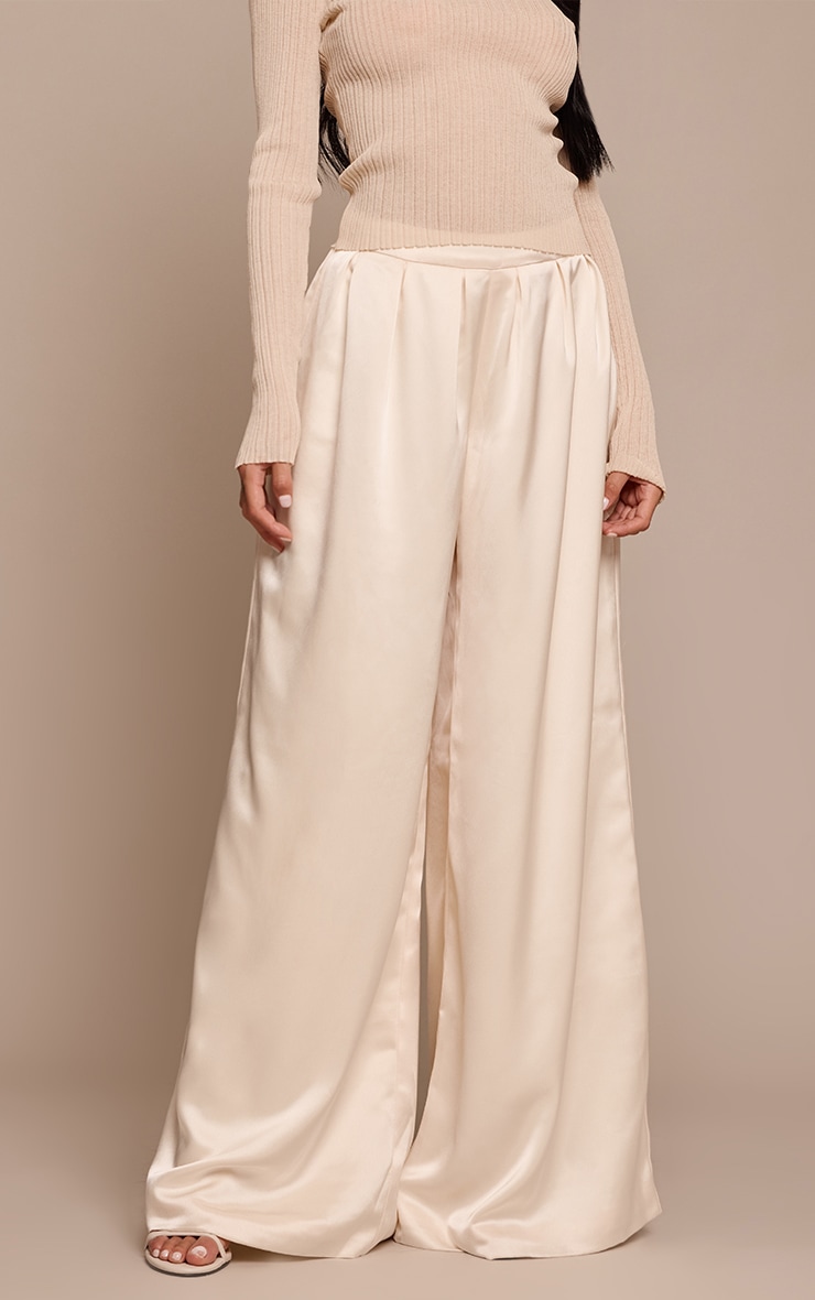 Cream Satin Pleated Wide Leg Pants image 2