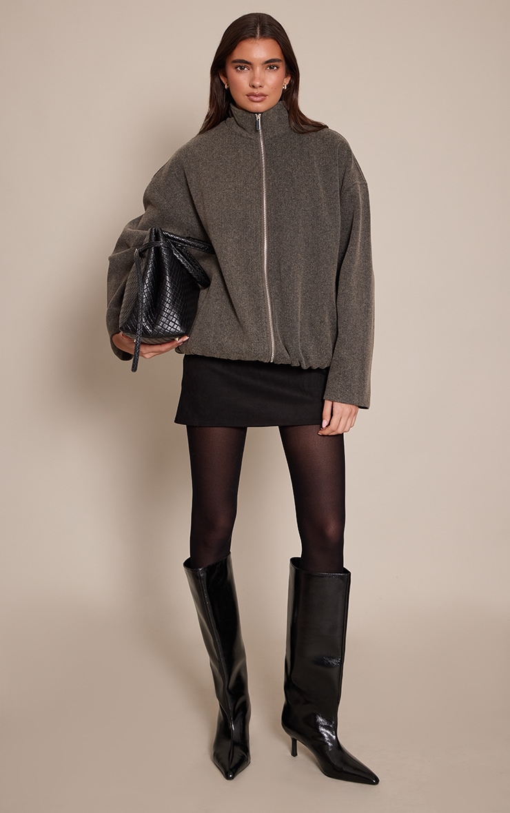 Charcoal Funnel Neck Ruched Sleeve Wool Bomber image 3