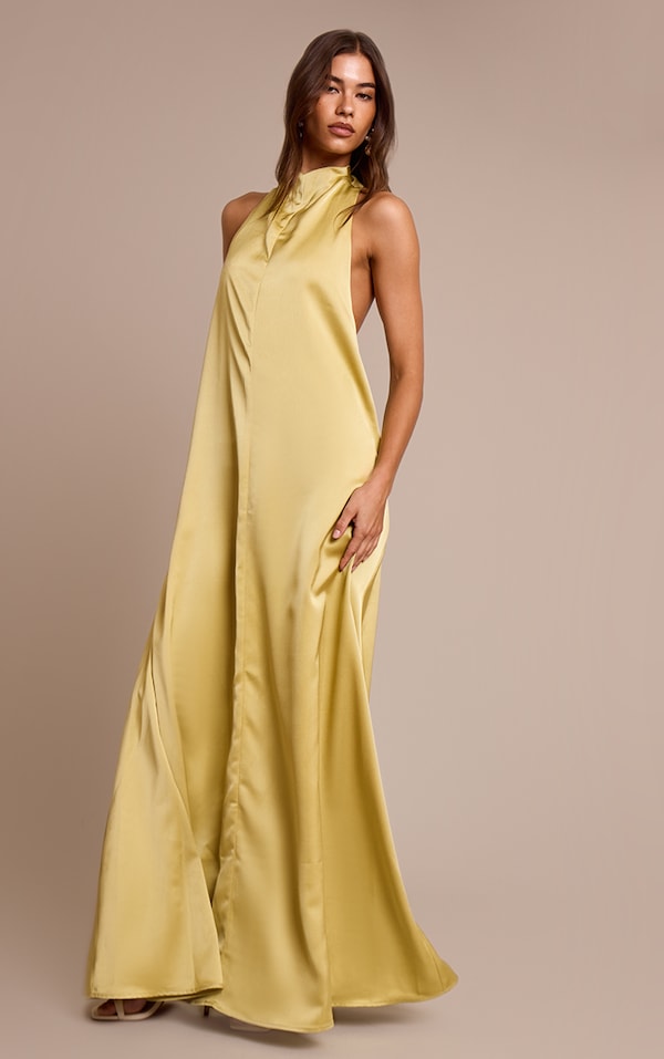 Chartreuse Satin High Neck Scoop Extreme Low Back Maxi Dress